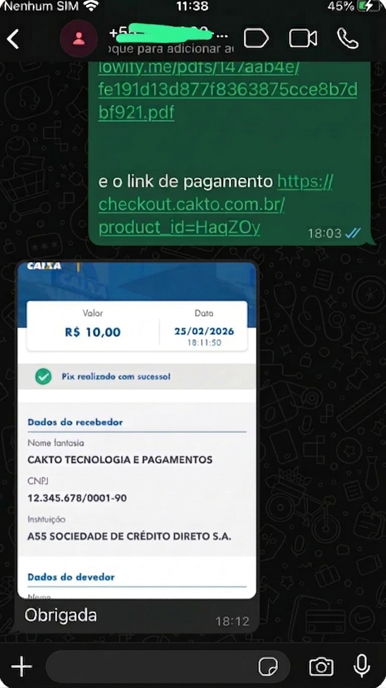 Depoimento em conversa do WhatsApp mostrando comprovante de pagamento