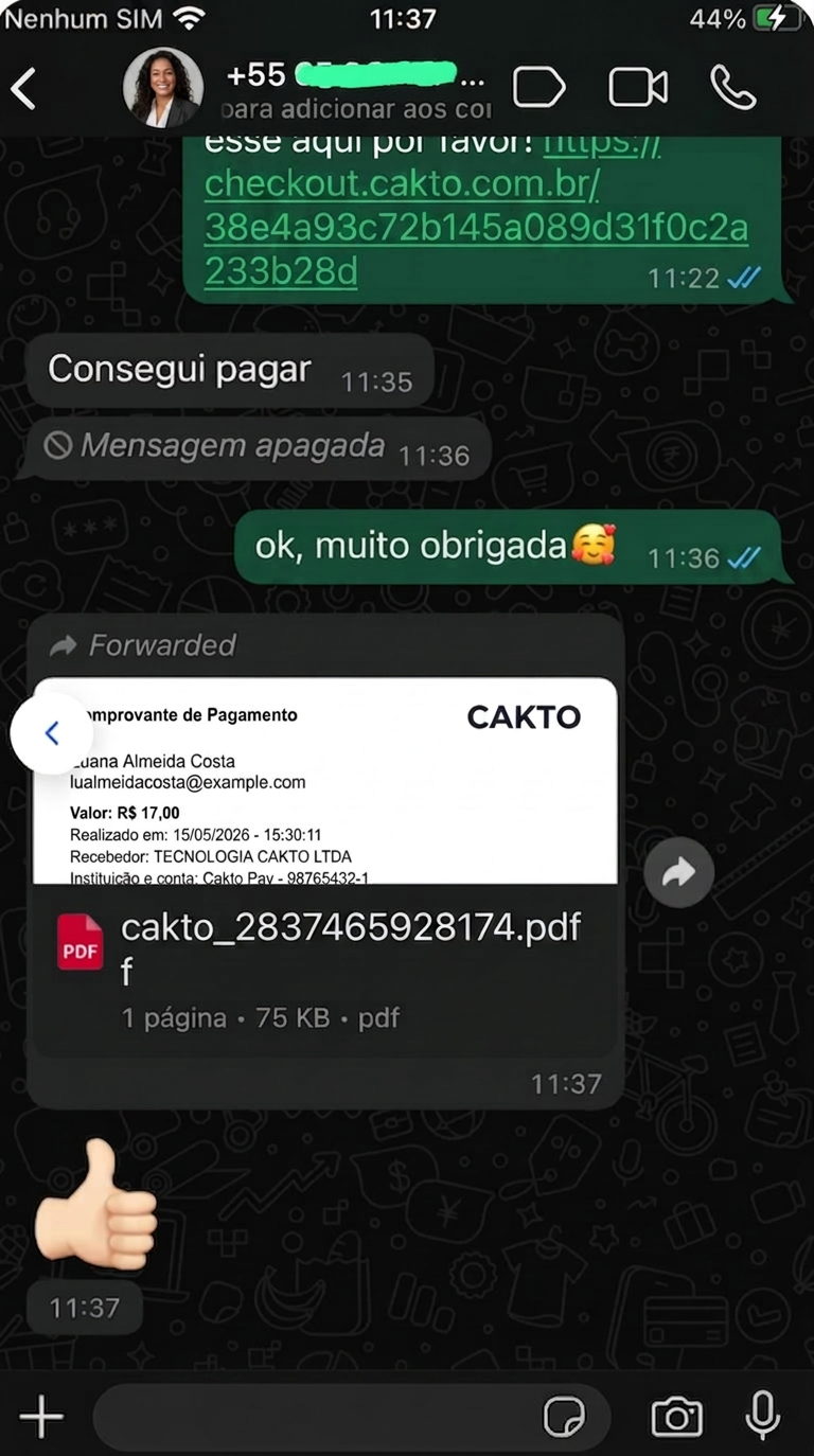 Depoimento em conversa do WhatsApp com cliente confirmando o pagamento